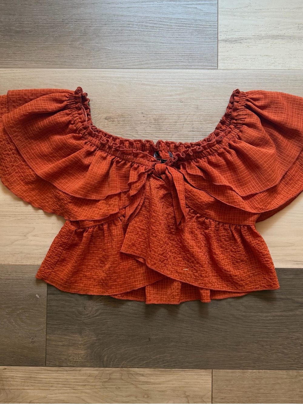 Zara Burnt Orange Gingham Off-Shoulder Ruffle Tie Top 100% Cotton Size L